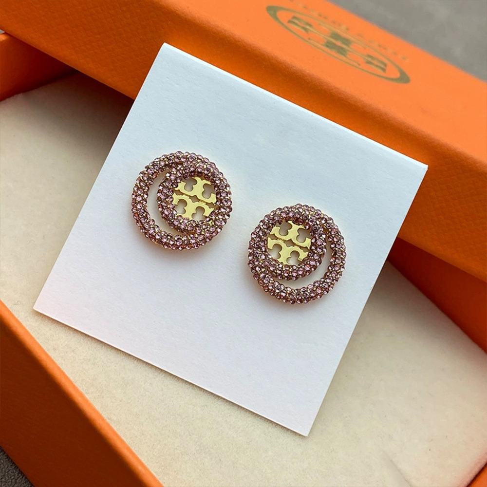 Tory Burch Round Hollow Threaded Rhinestone Double Gold Plated Earrings